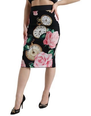 High Waist Silk Pencil Midi Skirt With Floral Print