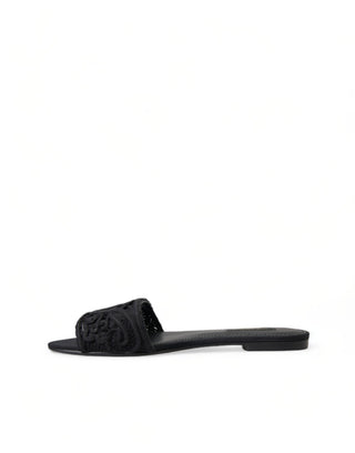 Elegant Black Heart Embroidery Slide Sandals