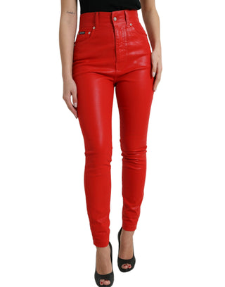 Elegant High-waist Stretch Denim In Red