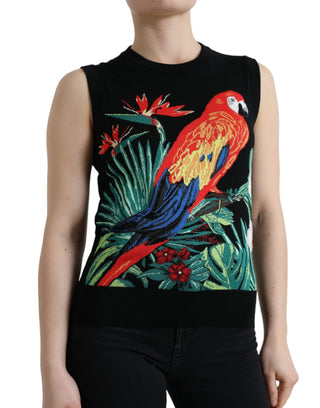 Elegant Crew Neck Wool Silk Tank With Bird Embroidery