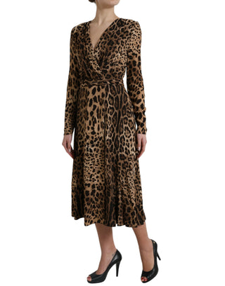 Elegant Leopard Print Wrap-effect Midi Dress