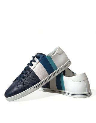 White Blue Leather Low Top Sneakers Shoes