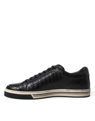 Elegant Black Crocodile Leather Low-top Sneakers