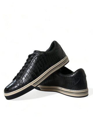 Elegant Black Crocodile Leather Low-top Sneakers