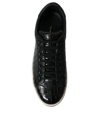 Elegant Black Crocodile Leather Low-top Sneakers