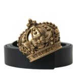 Black Leather Gold Crown Metal Buckle Belt