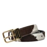 Brown White Zebra Pony Hair Gold Buckle Belt