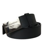 Black Leather Silver Logo Metal Buckle Belt