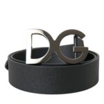 Black Leather Silver Logo Metal Buckle Belt