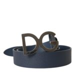 Blue Leather Silver Logo Metal Buckle Belt