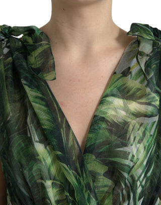 Elegant Green Silk Maxi Dress With Flocked Leaf Detail