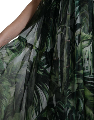 Elegant Green Silk Maxi Dress With Flocked Leaf Detail