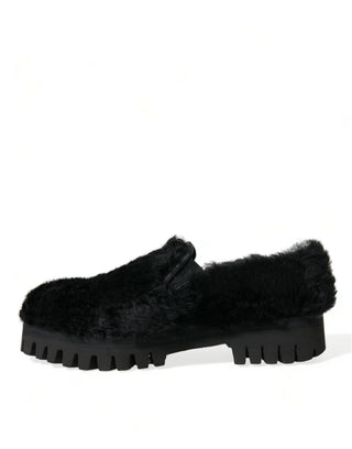 Elegant Black Fur Slip On Loafers For Men