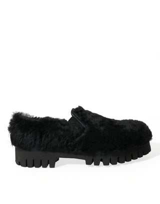 Elegant Black Fur Slip On Loafers For Men