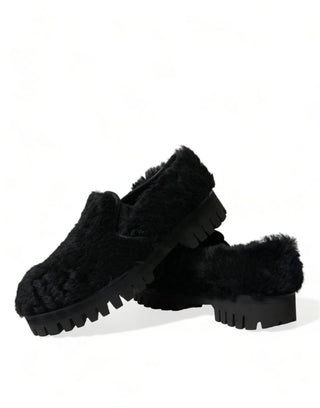 Elegant Black Fur Slip On Loafers For Men