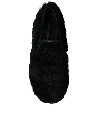 Elegant Black Fur Slip On Loafers For Men