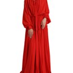 Red Silk Long Gown Pleated Ascot Collar Dress