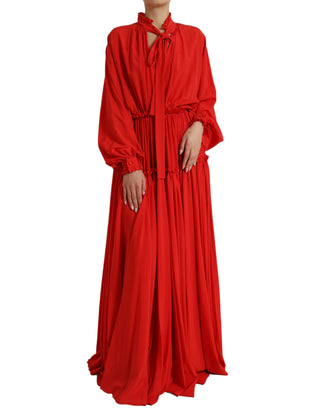 Red Silk Long Gown Pleated Ascot Collar Dress