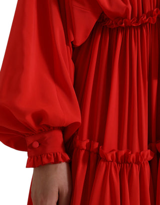 Red Silk Long Gown Pleated Ascot Collar Dress