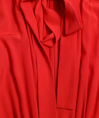 Red Silk Long Gown Pleated Ascot Collar Dress