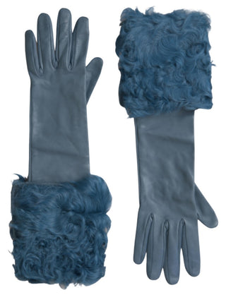 Elegant Blue Leather Gloves With Fur Trim