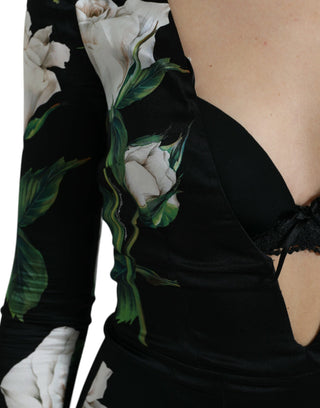 Black Roses Print Silk Bodycon Midi Dress