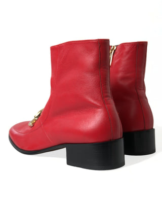 Red DG Buckle Leather Mid Calf Boots Shoes