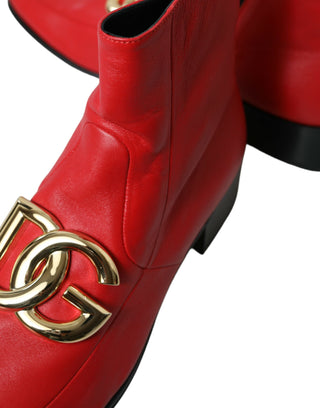 Red DG Buckle Leather Mid Calf Boots Shoes