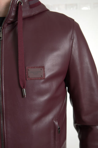 Elegant Bordeaux Leather Hooded Jacket