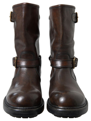 Elegant Brown Leather Mid-calf Biker Boots