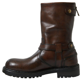 Elegant Brown Leather Mid-calf Biker Boots