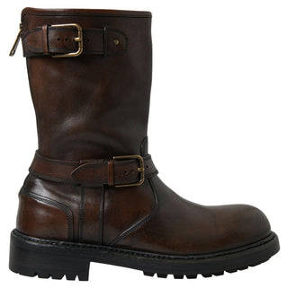 Elegant Brown Leather Mid-calf Biker Boots