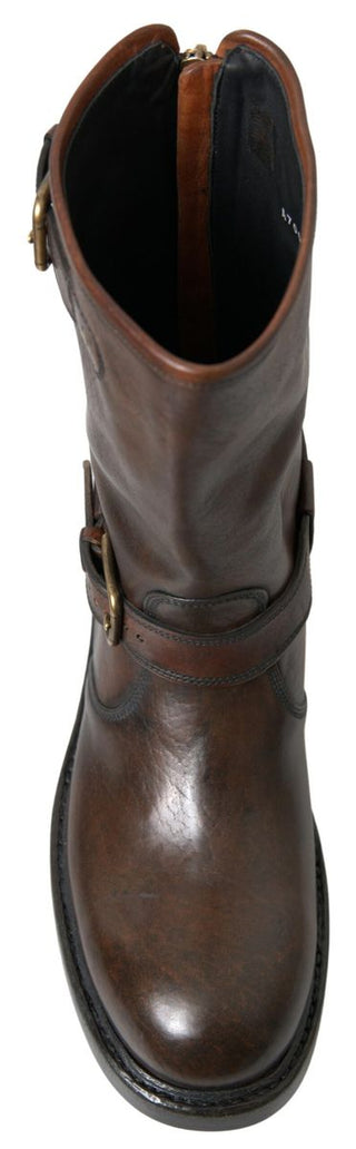 Elegant Brown Leather Mid-calf Biker Boots