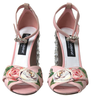 Pink Sandals Floral Bejeweled Block Heel Shoes