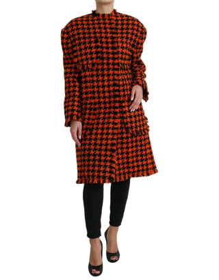 Elegant Houndstooth Long Coat In Vibrant Orange