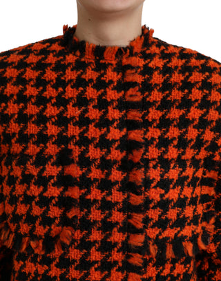 Elegant Houndstooth Long Coat In Vibrant Orange