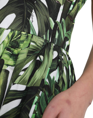 Green Leaf Print Cotton Halter Midi Dress