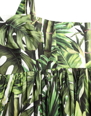 Green Leaf Print Cotton Halter Midi Dress