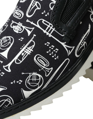 Black Instrument Print Slip On Loafers Shoes