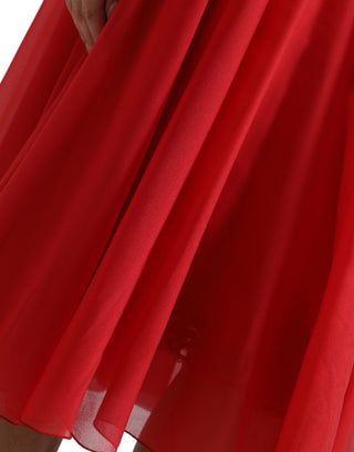 Elegant Red Pleated A-Line Midi Dress