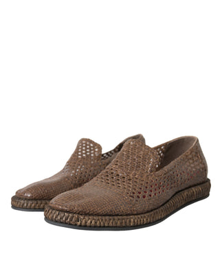 Brown Woven Leather Loafers Casual Shoes