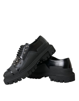 Black Leather Studded Trekking Sneakers Shoes