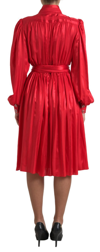 Elegant Red Silk Midi Dress With Button Detail