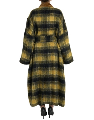 Chic Checkered Long Trench Coat In Sunny Yellow