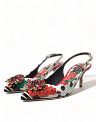 Chic Multicolor Floral Slingback Heels With Crystals