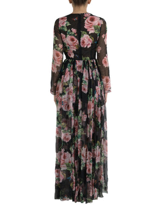 Elegant Black Silk Maxi Dress With Rose Print