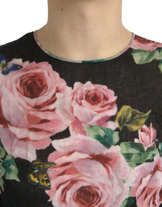 Elegant Black Silk Maxi Dress With Rose Print