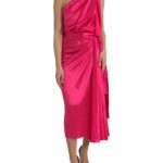 Elegant Fuchsia Silk One-shoulder Wrap Dress