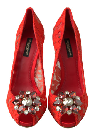 Chic Red Lace Heels With Crystal Embellishment