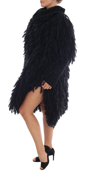 Elegant Black Fringed Wool-cashmere Sweater